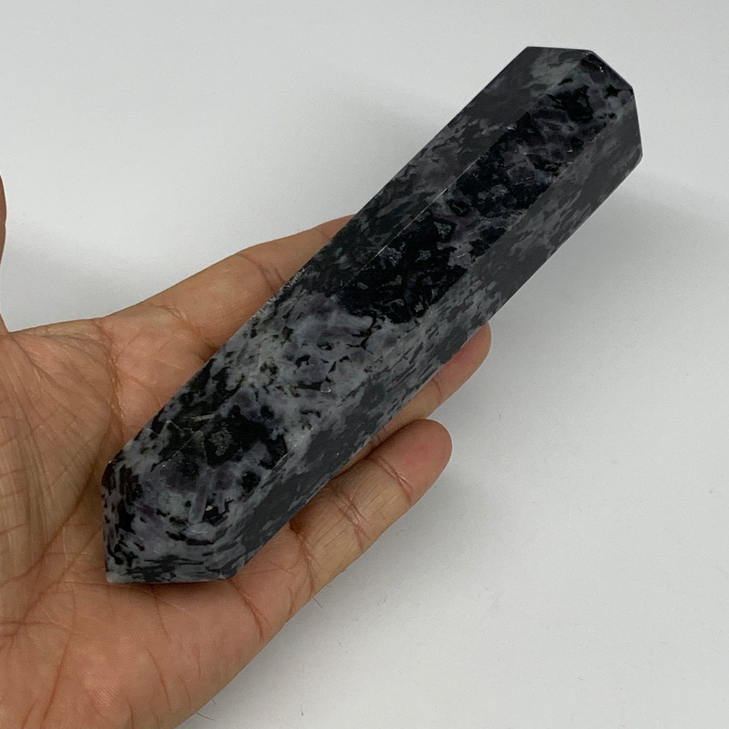 362.9g, 6.8" x 1.5" x 1.2" Indigo Gabro Merlinite Point Tower @Madagascar,B18321