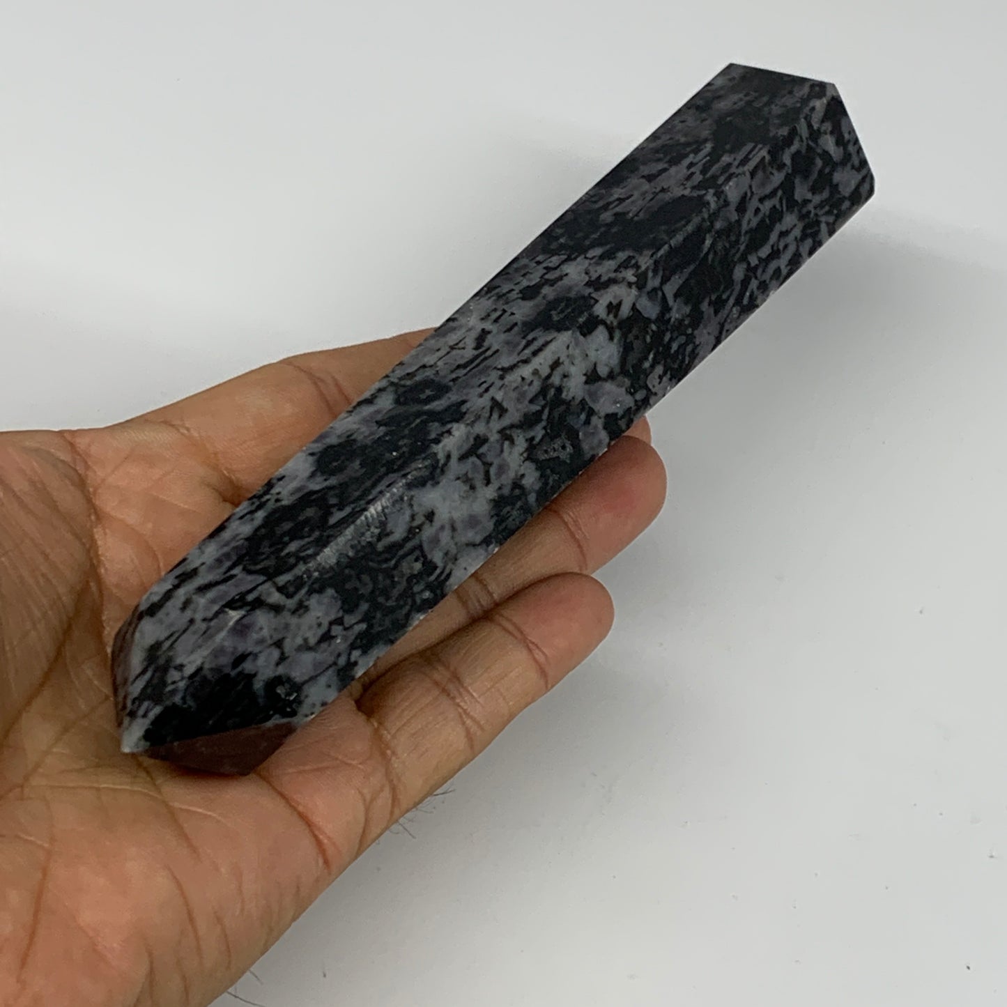 362.9g, 6.8" x 1.5" x 1.2" Indigo Gabro Merlinite Point Tower @Madagascar,B18321