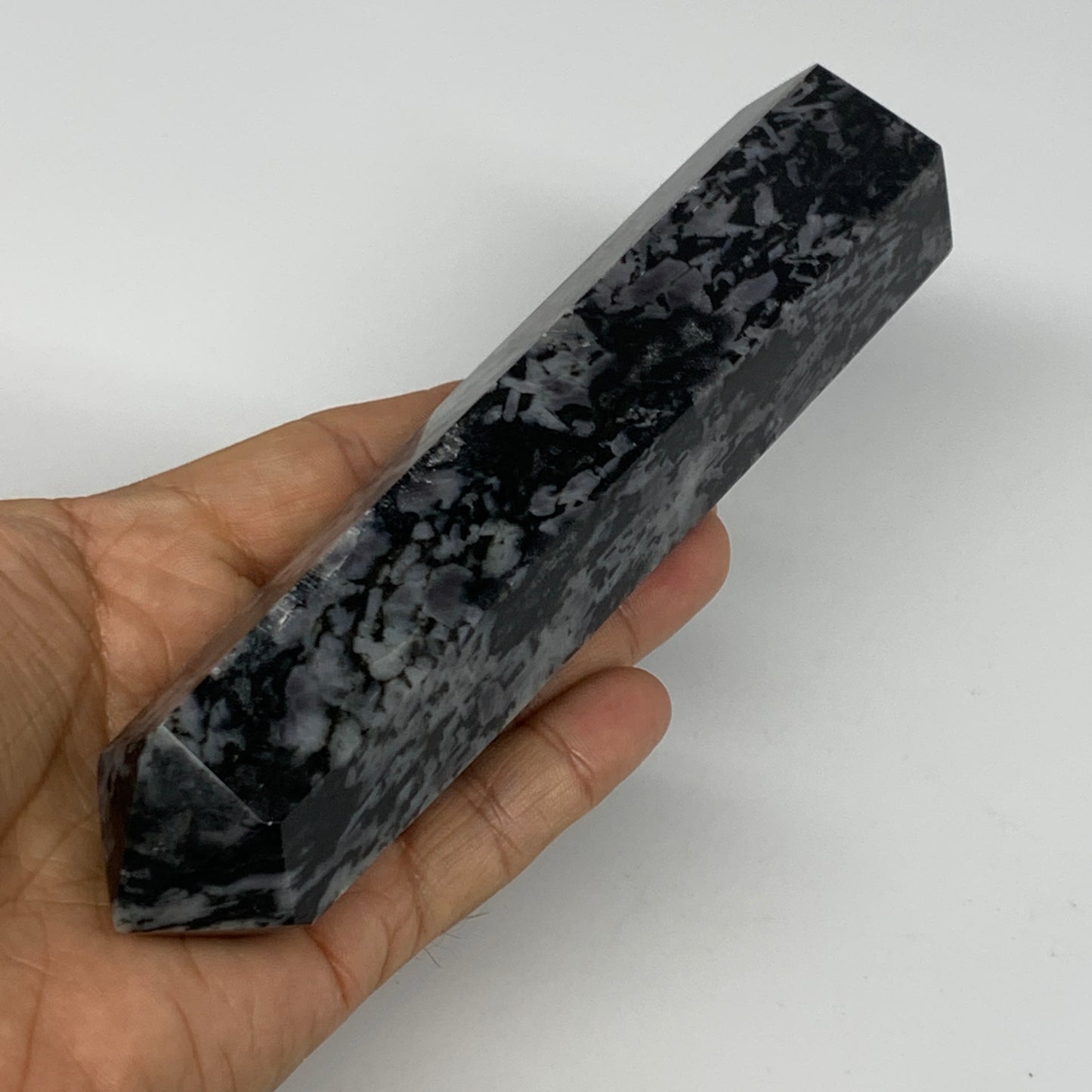 362.9g, 6.8" x 1.5" x 1.2" Indigo Gabro Merlinite Point Tower @Madagascar,B18321