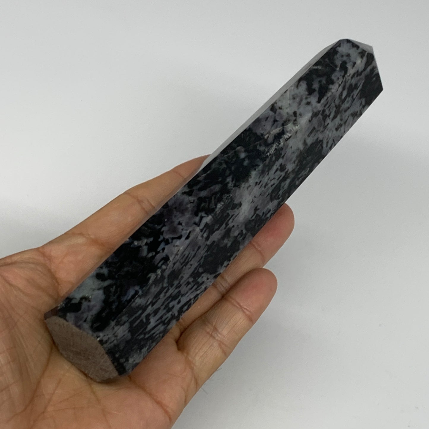 362.9g, 6.8" x 1.5" x 1.2" Indigo Gabro Merlinite Point Tower @Madagascar,B18321