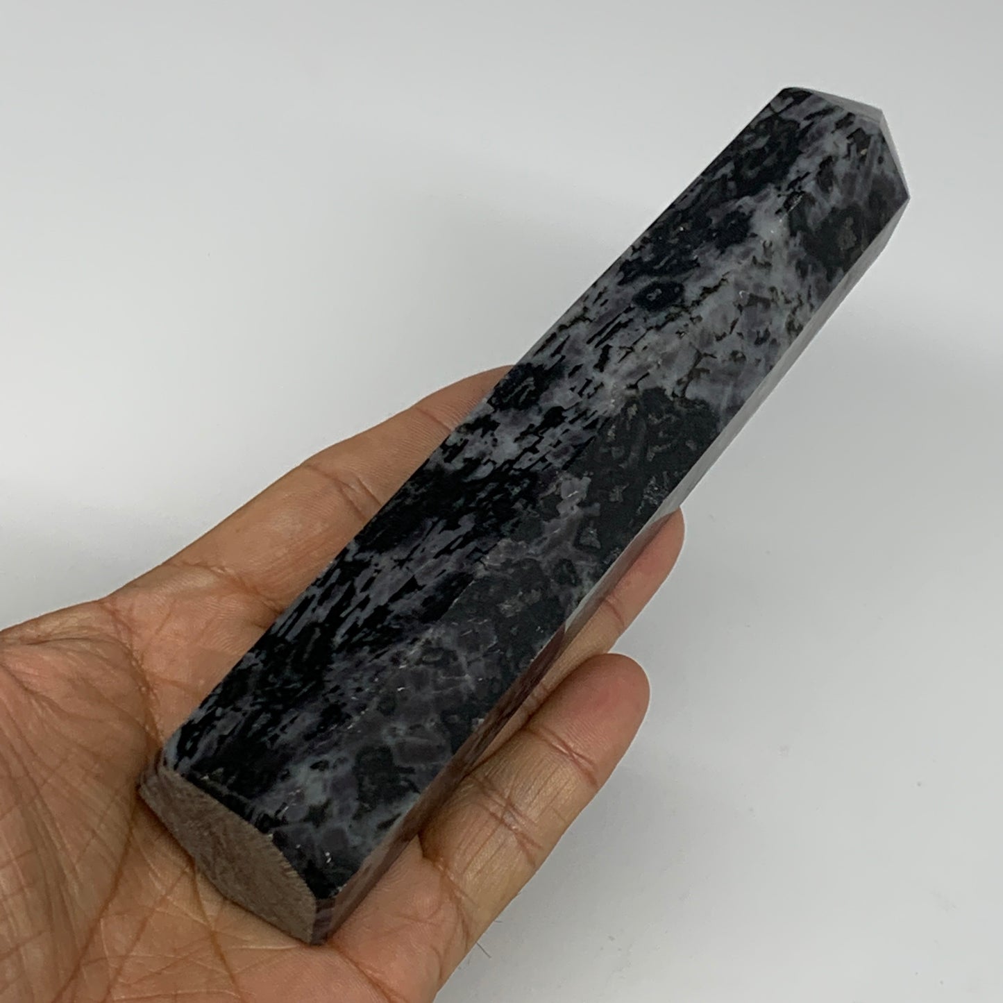 362.9g, 6.8" x 1.5" x 1.2" Indigo Gabro Merlinite Point Tower @Madagascar,B18321