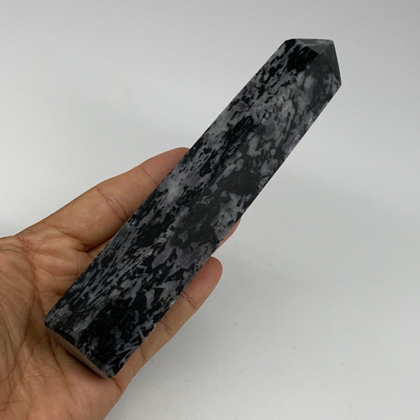 362.9g, 6.8" x 1.5" x 1.2" Indigo Gabro Merlinite Point Tower @Madagascar,B18321