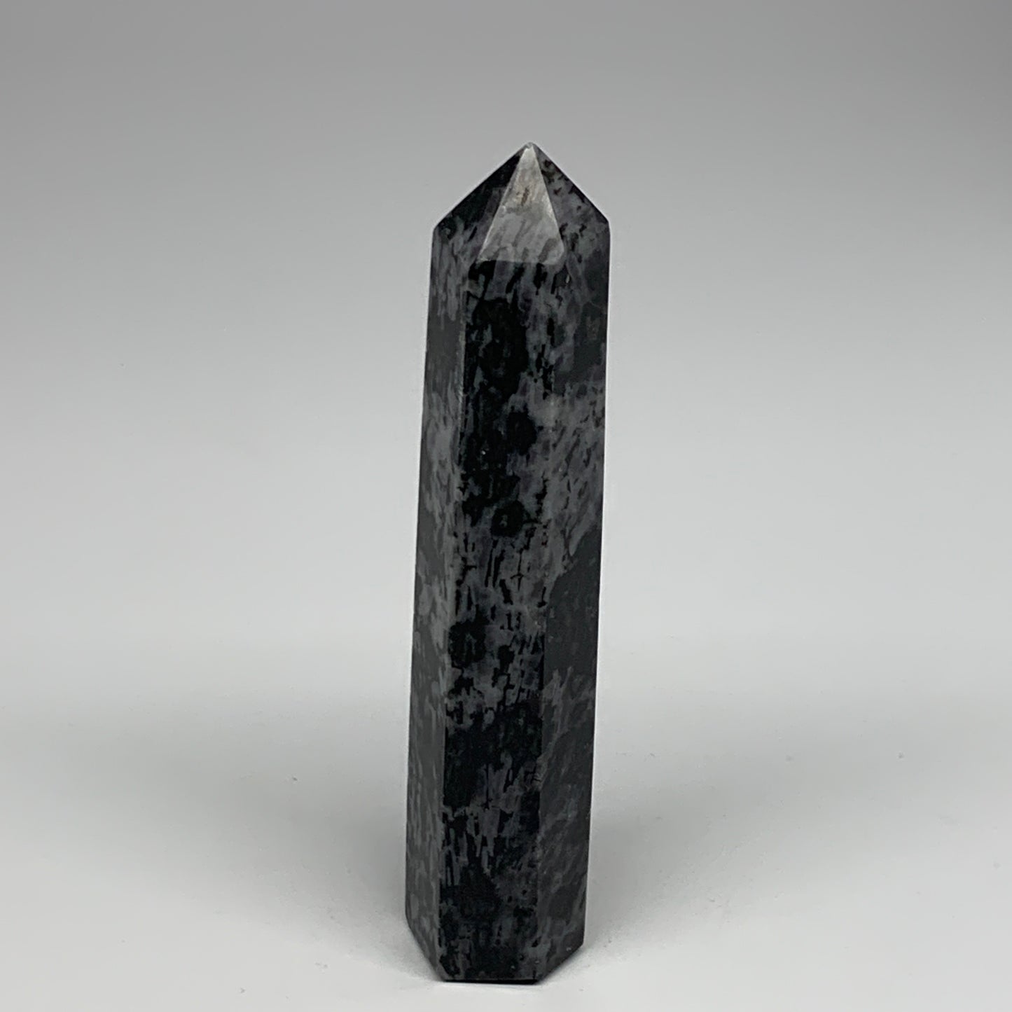 362.9g, 6.8" x 1.5" x 1.2" Indigo Gabro Merlinite Point Tower @Madagascar,B18321