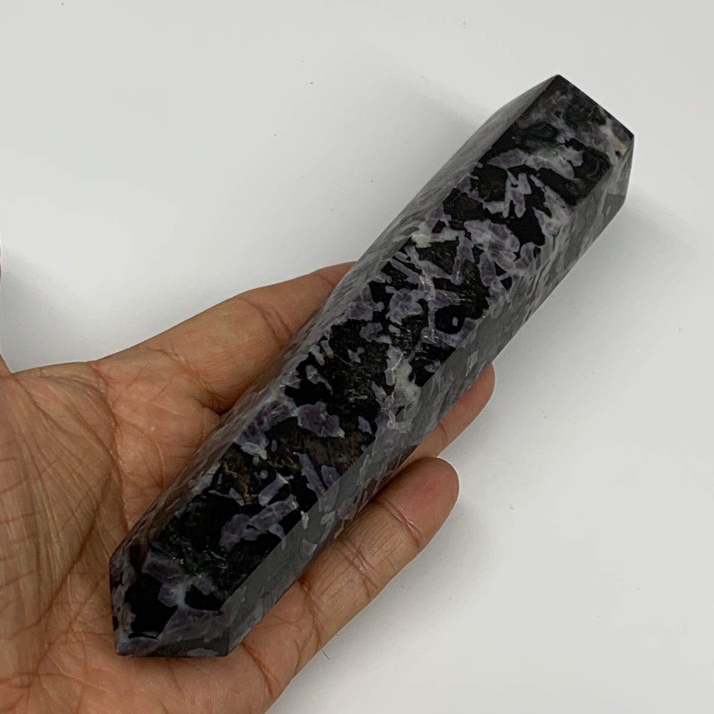 388.6g, 6.7" x 1.5" x 1.3" Indigo Gabro Merlinite Point Tower @Madagascar,B18347