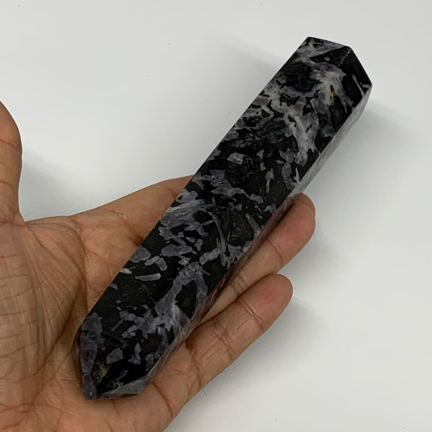 388.6g, 6.7" x 1.5" x 1.3" Indigo Gabro Merlinite Point Tower @Madagascar,B18347