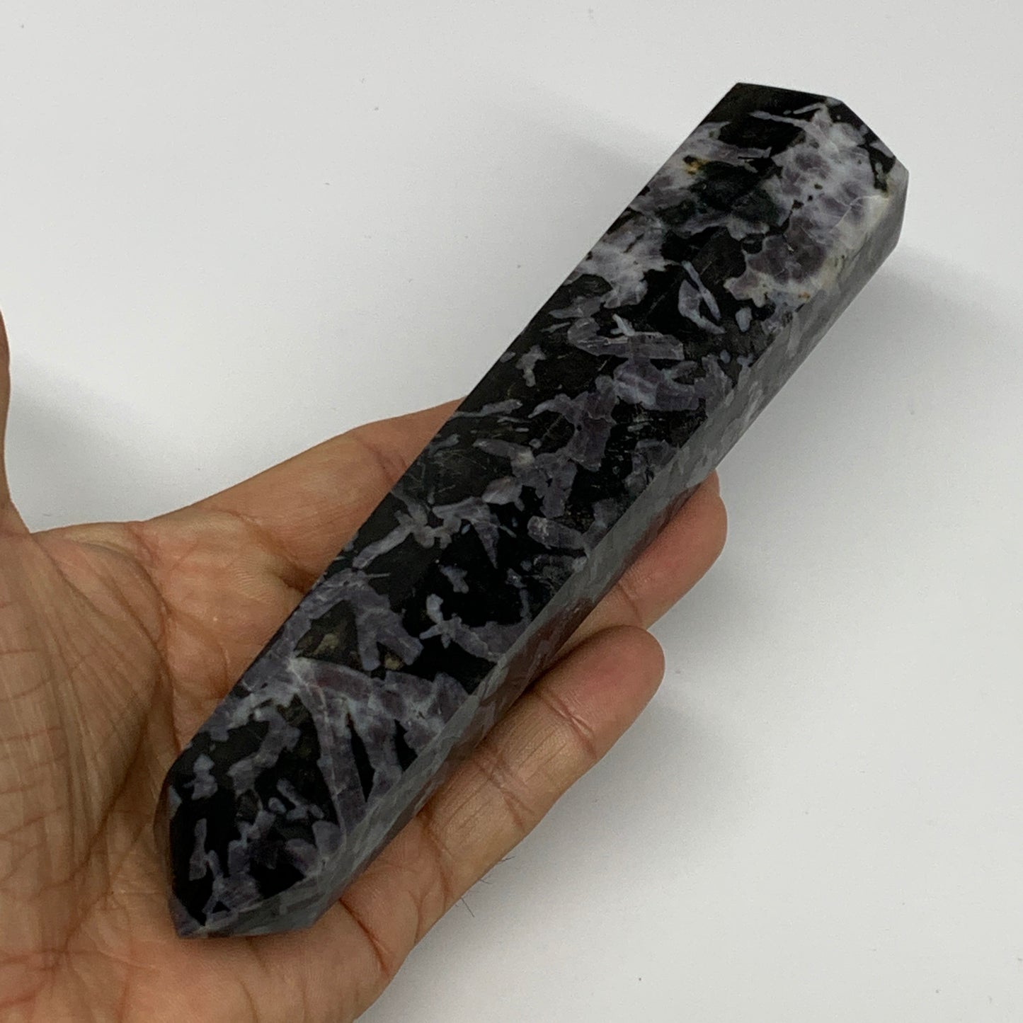 388.6g, 6.7" x 1.5" x 1.3" Indigo Gabro Merlinite Point Tower @Madagascar,B18347