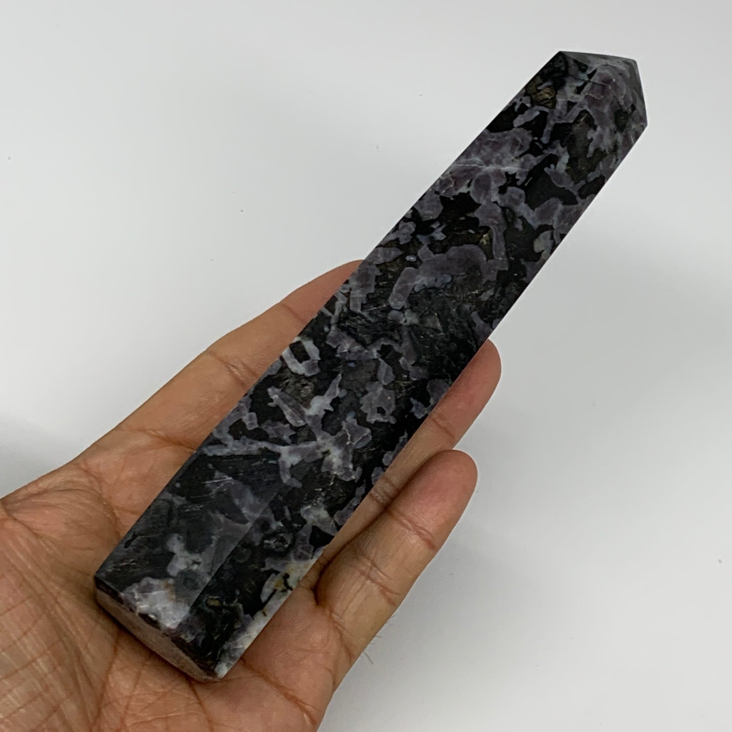 388.6g, 6.7" x 1.5" x 1.3" Indigo Gabro Merlinite Point Tower @Madagascar,B18347