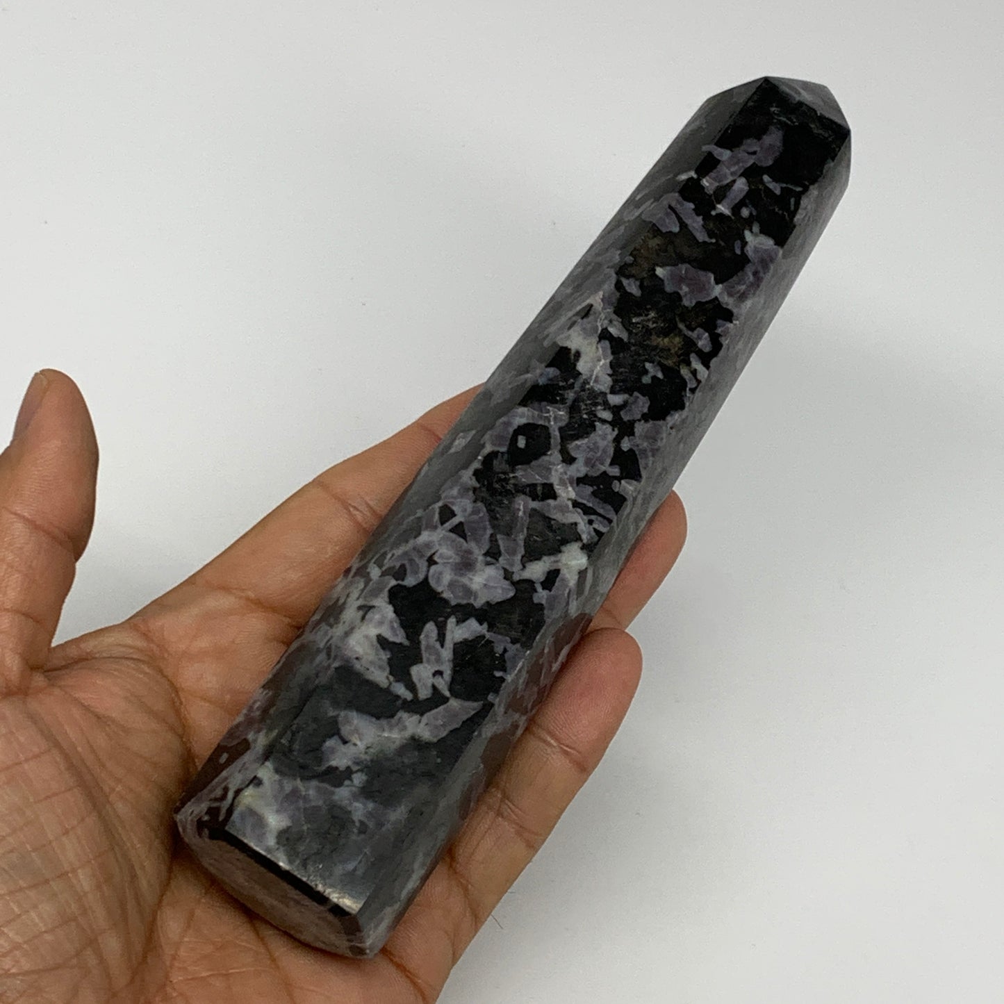 388.6g, 6.7" x 1.5" x 1.3" Indigo Gabro Merlinite Point Tower @Madagascar,B18347