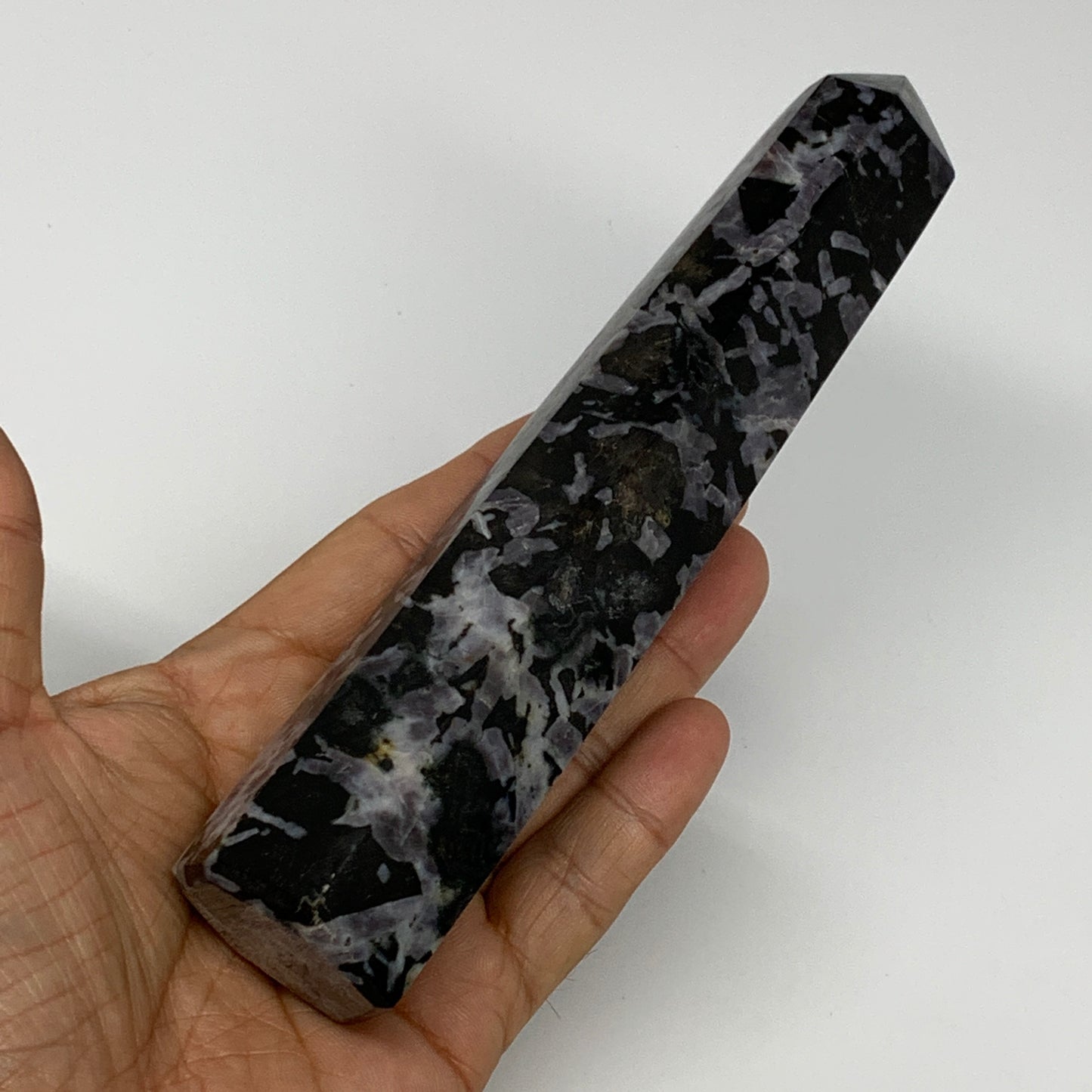 388.6g, 6.7" x 1.5" x 1.3" Indigo Gabro Merlinite Point Tower @Madagascar,B18347