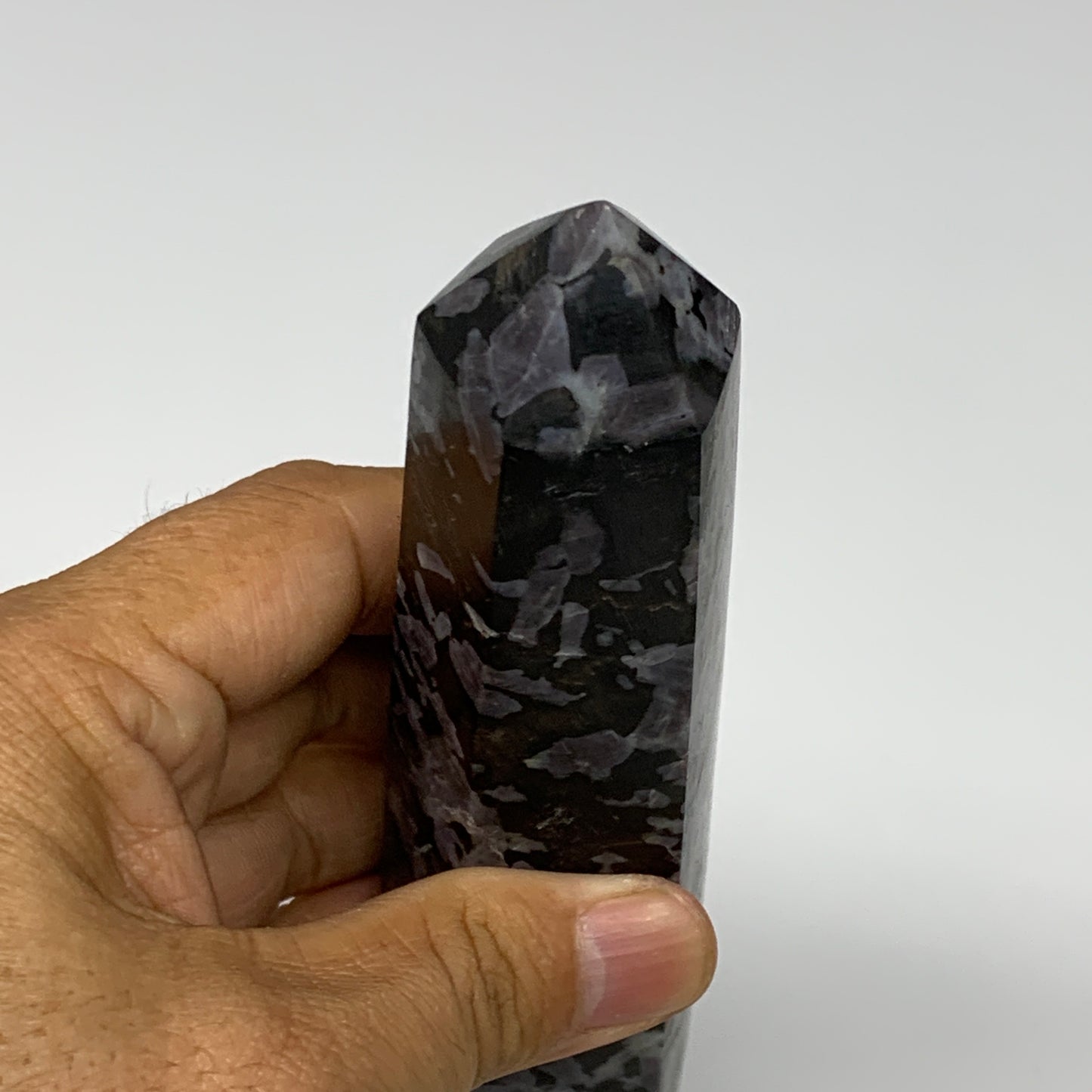 388.6g, 6.7" x 1.5" x 1.3" Indigo Gabro Merlinite Point Tower @Madagascar,B18347