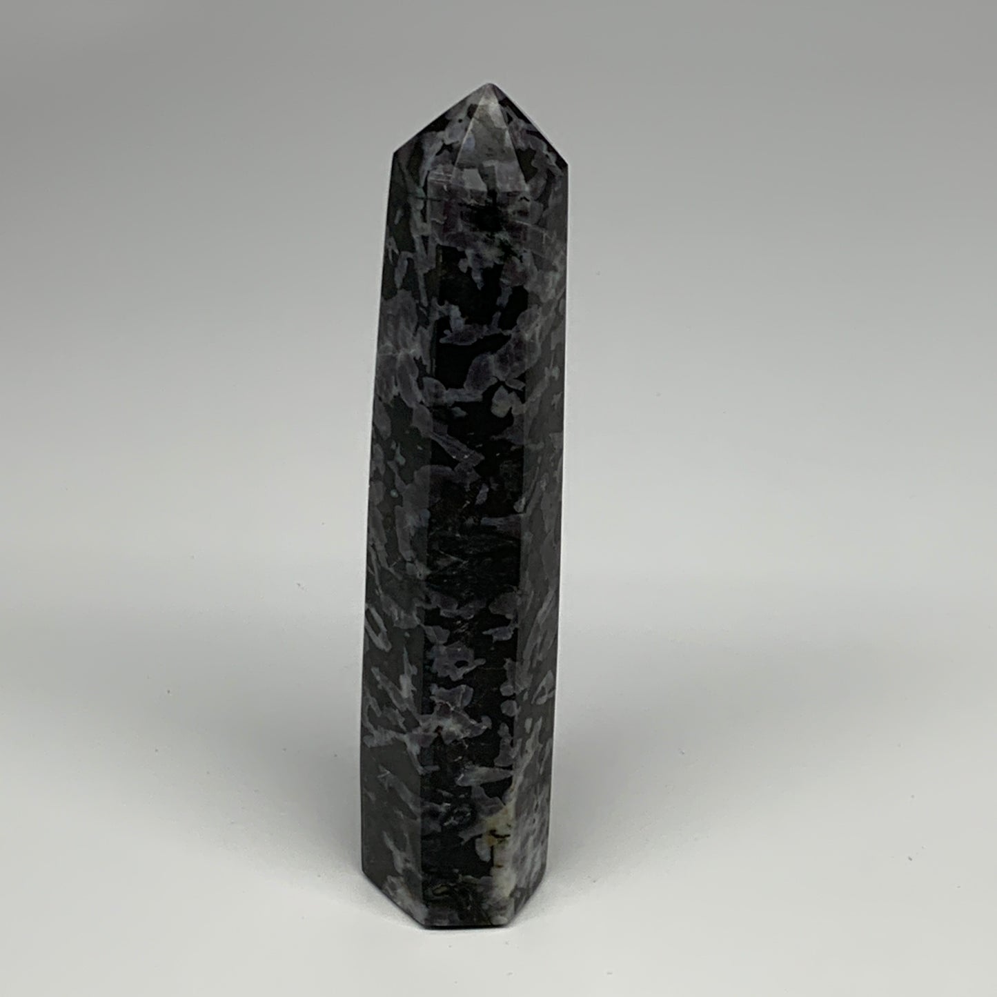 388.6g, 6.7" x 1.5" x 1.3" Indigo Gabro Merlinite Point Tower @Madagascar,B18347