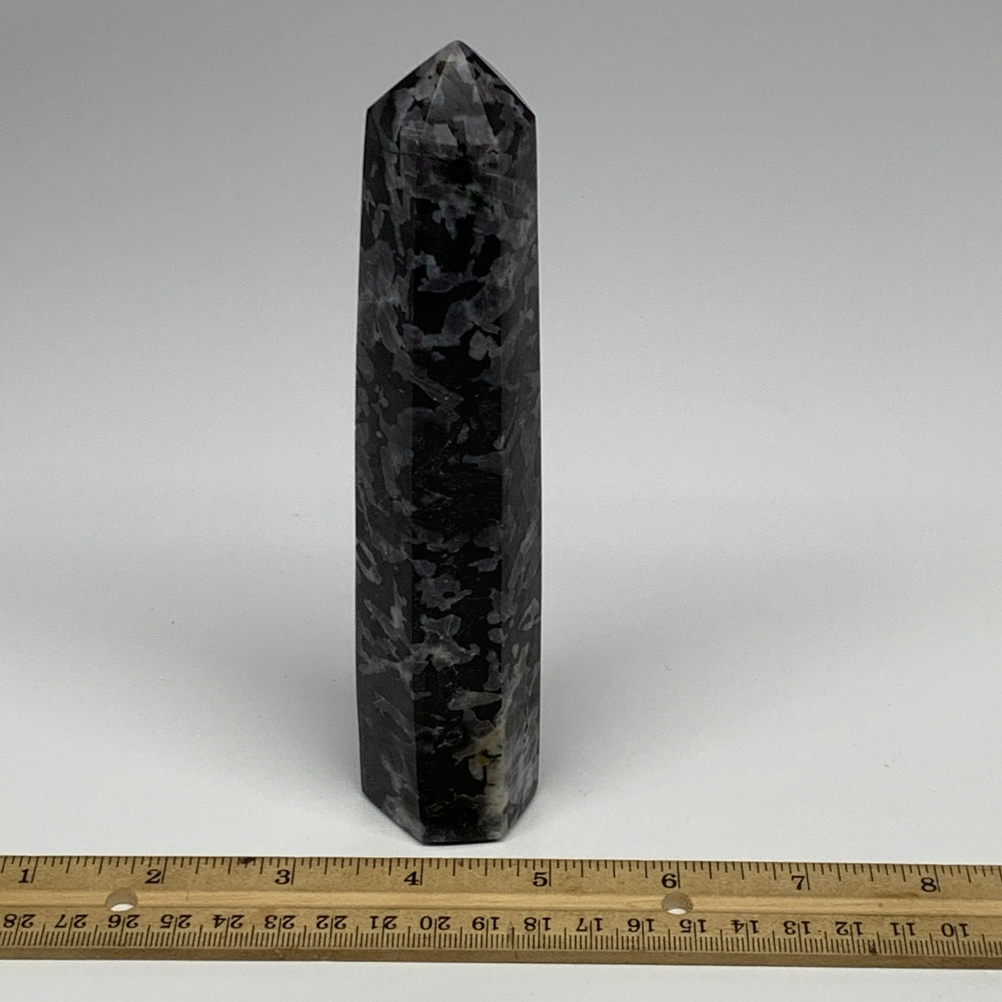 388.6g, 6.7" x 1.5" x 1.3" Indigo Gabro Merlinite Point Tower @Madagascar,B18347