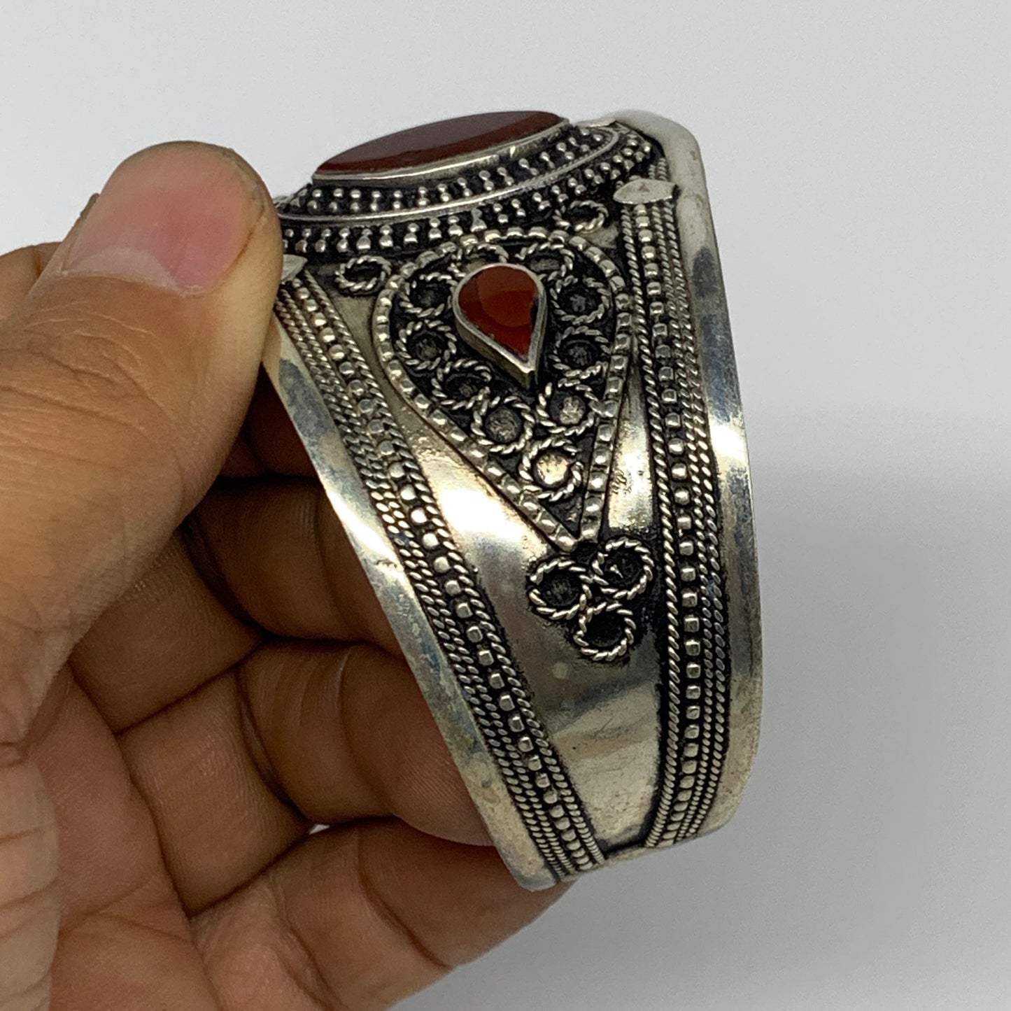 32.5g, 1.6" Red Carnelian Turkmen Cuff Bracelet Tribal Small Marquise, B13445