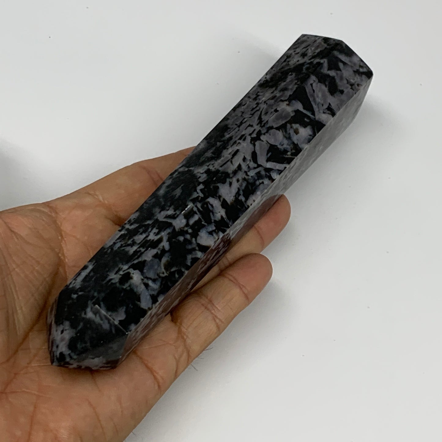 408.6g, 7" x 1.6" x 1.4" Indigo Gabro Merlinite Point Tower @Madagascar,B18355