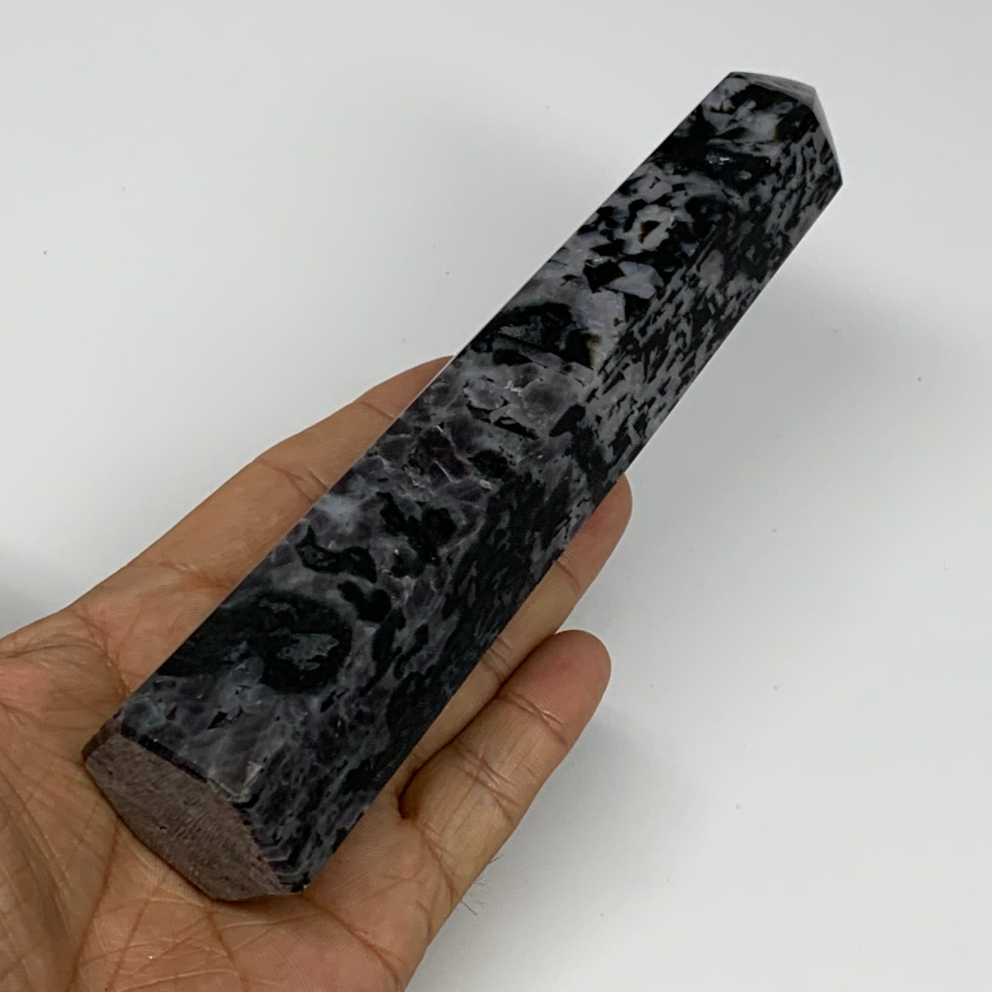 408.6g, 7" x 1.6" x 1.4" Indigo Gabro Merlinite Point Tower @Madagascar,B18355