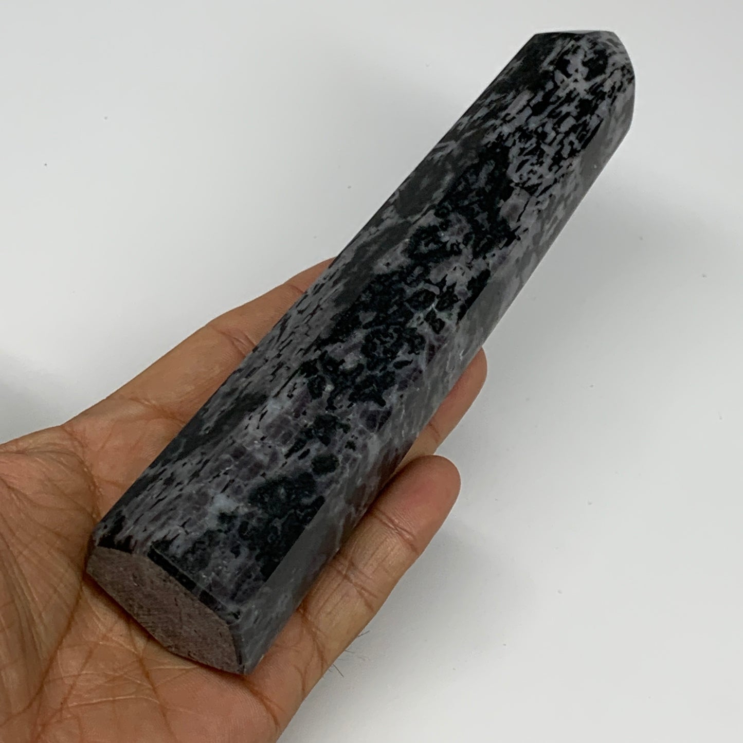 408.6g, 7" x 1.6" x 1.4" Indigo Gabro Merlinite Point Tower @Madagascar,B18355