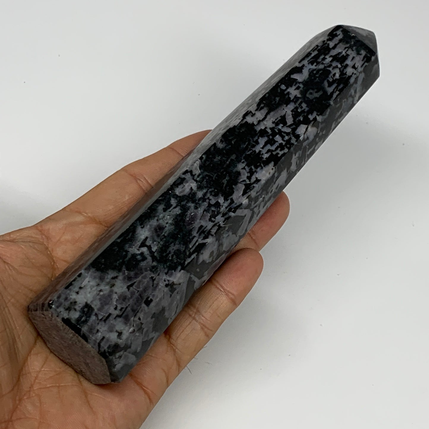 408.6g, 7" x 1.6" x 1.4" Indigo Gabro Merlinite Point Tower @Madagascar,B18355