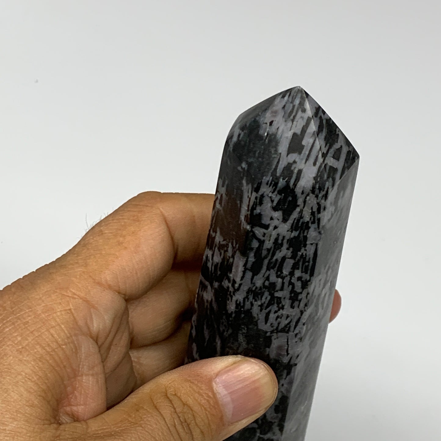 408.6g, 7" x 1.6" x 1.4" Indigo Gabro Merlinite Point Tower @Madagascar,B18355