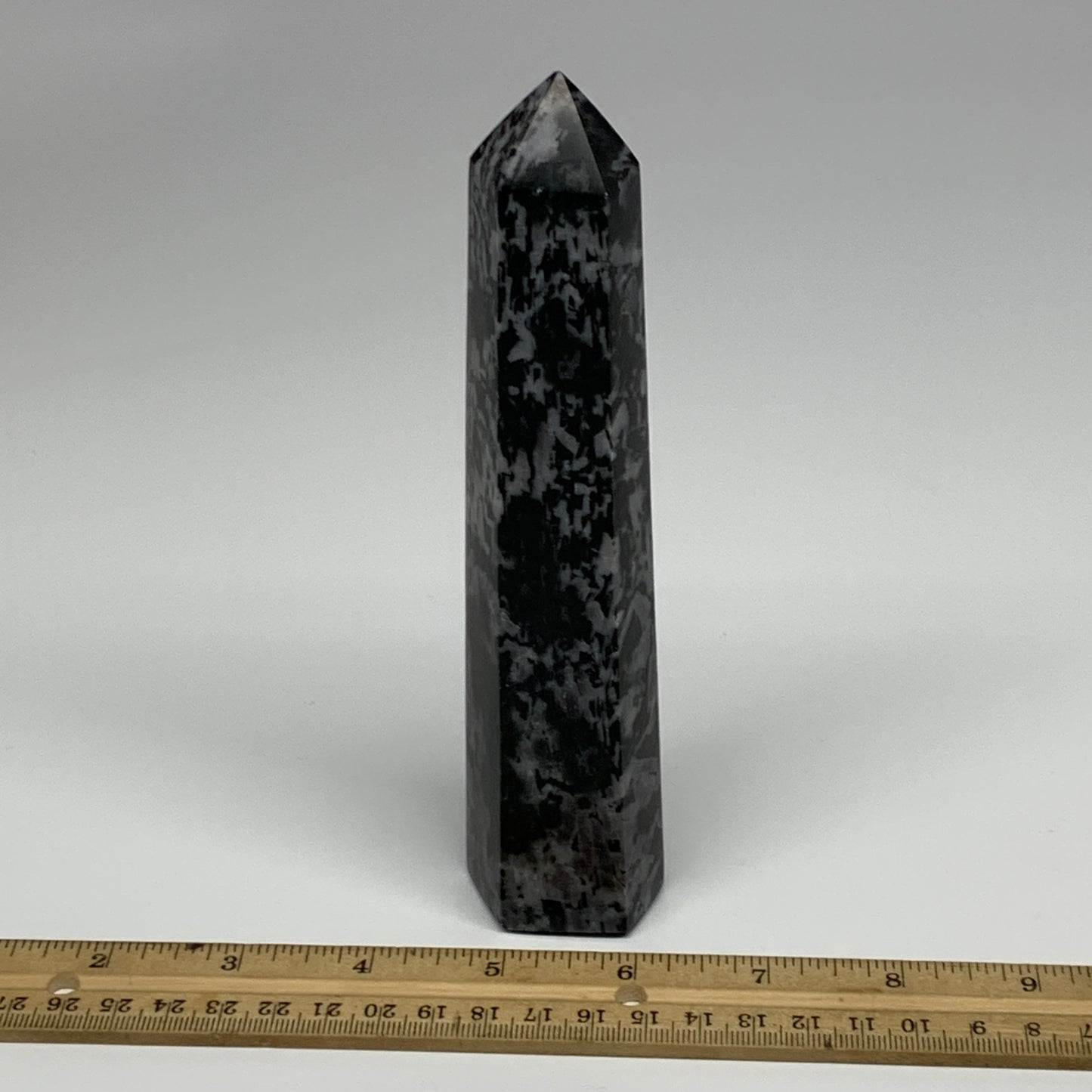 408.6g, 7" x 1.6" x 1.4" Indigo Gabro Merlinite Point Tower @Madagascar,B18355